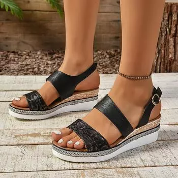 2024 Summer Women s Shoes Fashion Open Toe Color Block Women s Sandals Large Size Wedge Strap Strap Women s Roman Sandals 36 цветной печати леопарда