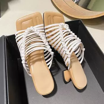 2024 Summer Women Shoes Peep Toe Med Heel Slippers Fashion Split Leather Shoes for Women Casual Mules for Women Sandals 39 белый