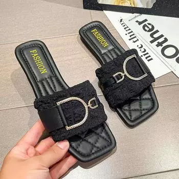 2024 Summer Women Slippers Leather Square Toe Women Flats Flip Flops Designer Ladies Slides Sandals Women Shoes Luxury Sandals 35 бежевый