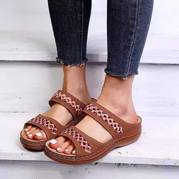 2024 Summer Women Wedge Sandals Premium Orthopedic Open Toe Sandalias Vintage Anti-Slip Leather Casual Platform Female Shoes 35 чёрный