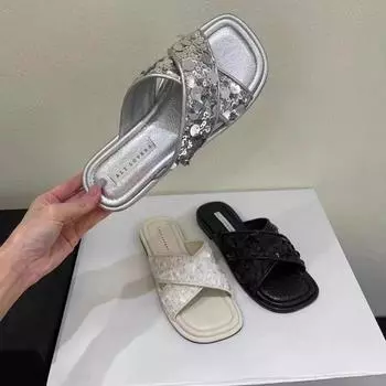 2024 Summers Women Slippers Fashion Elegant Open Toe Sequin Cross Slides Shoes Ladies Outdoor Beach Vacation Flats Sandalias Size 35(foot 22.5cm) серебряный