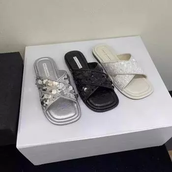 2024 Summers Women Slippers Fashion Elegant Open Toe Sequin Cross Slides Shoes Ladies Outdoor Beach Vacation Flats Sandalias Size 35(foot 22.5cm) бежевый