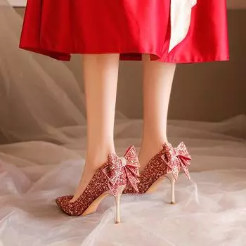 2024 Свадебное платье Xiuhe, свадебные хрустальные блестки, жемчужные цепочки, банты, женские туфли на высоком каблуке, свадебные туфли на день бар-мицвы 34