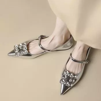 2024 Свадебные туфли женские квадратные пряжки кристаллы острый носок балетки блестящие неглубокие мокасины без застежек блестящие роскошные дизайнерские туфли 34 чёрный