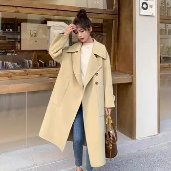 2024 светло-желтое двухстороннее кашемировое пальто женское длинное с легким ветром зимнее шерстяное пальто прилив S светло-желтого