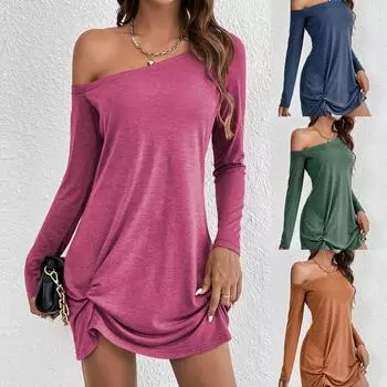 2024 Свободная однотонная футболка с длинным рукавом, повседневные элегантные и красивые женские платья, модное летнее платье L