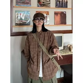 2024 Свободная рубашка в японском стиле в стиле ретро, мужская весенняя новая модная брендовая универсальная клетчатая рубашка M хаки