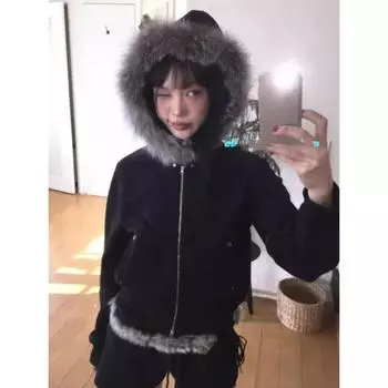 2024 Свободное пальто с капюшоном для женщин Y2k Grunge с длинным рукавом и двойной молнией, топы, осень-зима, модные винтажные приталенные куртки S чёрный