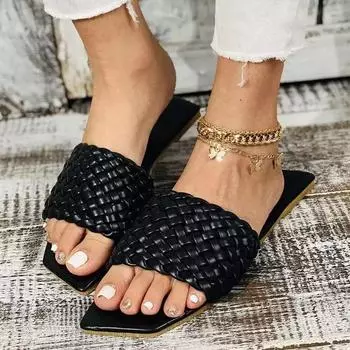 2024 Тапочки Летние модные повседневные тапочки с квадратным носком Женская обувь Плоские тапочки Удобные шлепанцы Zapatos De Mujer 36 красный