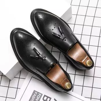 2024 Tassel Gentleman Туфли мужские Броги Оксфорды Высокие туфли без застежек Официальные туфли Классические мужские деловые кожаные туфли Повседневные 38 чёрный