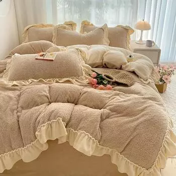 2024 Тедди флис зима новый французский молочный флис окантовка кружевной постельный комплект из четырех предметов 1.5m Sheet 4pcs серый