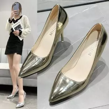 2024 Телесные туфли-лодочки для женщин Туфли на высоком каблуке Женские модные лакированные сексуальные туфли с острым носком на тонком каблуке Свадебные туфли размера плюс 33-43 33 золотой