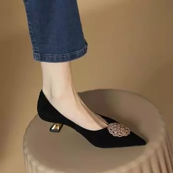 2024 Temperamental Pointed Mid Heel Shoes For Women Elegant Suede Leather Commuter Pumps Retro French Office & Career Work Shoe 34 чёрный