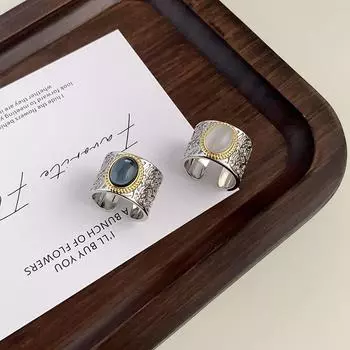 2024 Тенденция Ретро Камея Tanggrass Тотем Белый Халцедон Кольцо Женская Мода Свет Роскошные Мужчины И Женщины Открытый Указательный Палец Кольцо 1 pc синий