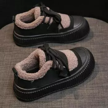 2024 Теплые ботинки из овечьей шерсти с хлопковой подкладкой, женские новые зимние ботинки на плоской подошве с утолщенной плюшевой подошвой, женские нескользящие зимние ботинки по щиколотку 35 чёрный