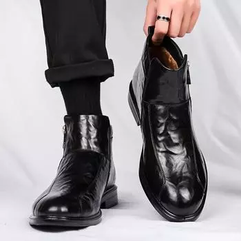 2024 теплые черные кожаные туфли ручной работы с высоким берцем для мужчин, модные мужские туфли для вечеринок и свадеб, повседневная обувь для мужчин, обувь для вождения 38 чёрный