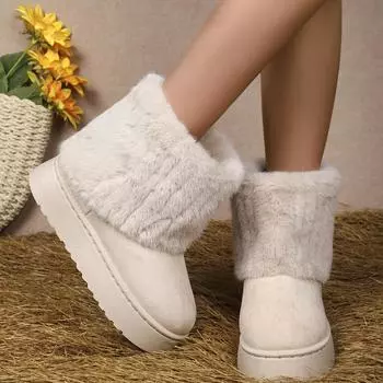 2024 Теплые зимние ботинки на толстой подошве, корейская версия, замшевые, средней высоты, удобные зимние хлопковые ботинки для снега, теплые, удобные, с рукавами, для женщин 42 чёрный