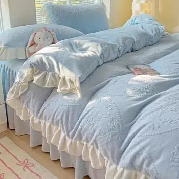 2024 Теплый резной молочный флисовый комплект из четырех частей Зимний утолщенный принцесса Ветер Двусторонняя флисовая юбка простыня постельное белье 1.5mFitted Sheet 4pc
