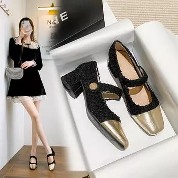 2024 Туфли на толстом каблуке женские французские маленькие ароматные туфли в одну линию с пряжкой на ремешке цветные высокие каблуки 34