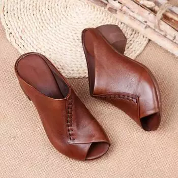 2024 Thick-heeled Soft Leather Outer Slippers Fish Mouth Comfortable Versatile Mid-heeled Women Sandals Women s Mother s Shoes 35 чёрный
