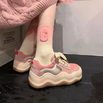 2024 Толстая подошва Elevator Shoes 2024 Розовая Милая Радужная Пони Повседневная Обувь Женские Кроссовки На Платформе Для Девочек Повседневная Обувь Для Катания На Плоской Подошве 35 бежевый