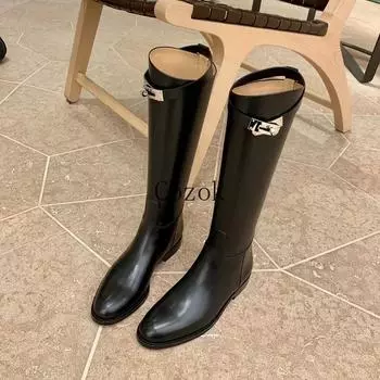 2024 Thigh High Boots Brown Women Vintage Leather Square Heel Knee Height Buckle Boot Keep Warm Round Toe Shoes British Style 35