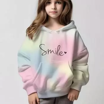 2024 Толстовка с принтом омбре для девочек, толстовка с длинными рукавами и заниженными плечами, с карманом, подходит для занятий спортом, повседневной повседневной одежды 100CM