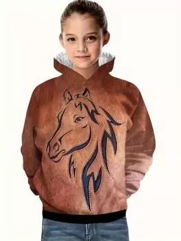 2024 толстовки с 3D принтом лошади для девочек и мальчиков, повседневный пуловер, толстовка с длинными рукавами для мальчиков и девочек, толстовка с капюшоном для детей, топы с капюшоном 110cm