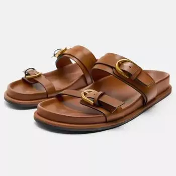 2024 толстые женские пляжные тапочки на открытом воздухе повседневные плоские шлепанцы для женщин 2024 металлические пряжки мягкие кожаные женские римские туфли 35 коричневый