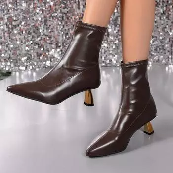 2024 Тонкие женские ботильоны на высоком каблуке, модные короткие ботильоны с острым носком, элегантная женская обувь, зимние короткие плюшевые женские туфли-лодочки 35 чёрный
