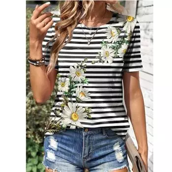 2024 Топ с круглым вырезом, женская футболка с цветочным принтом, полосатая поп-одежда большого размера, женская одежда, футболка с короткими рукавами, топ S