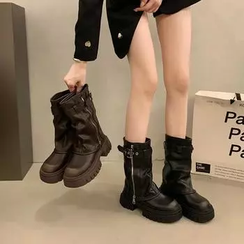 2024 Top selling ladies Boots Retro anti slip shoe with belt buckle Fashion midlength workwear boot Comfort casual women shoes 35 чёрный
