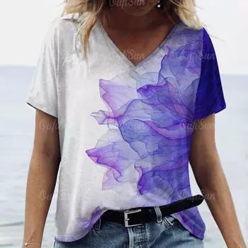 2024 Топ Женская Футболка С Цветочным Принтом Для Женщин Футболки Оверсайз Женская Трендовая Одежда Лето Дешевая Блузка С Коротким Рукавом S