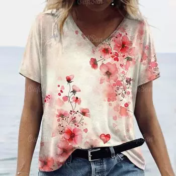 2024 Топ Женская Футболка С Цветочным Принтом Для Женщин Футболки Оверсайз Женская Трендовая Одежда Лето Дешевая Блузка С Коротким Рукавом S