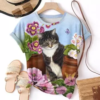 2024 Топ Женская футболка с кошачьим принтом Женская футболка больших размеров Дизайнерская женская одежда Негабаритная блузка с круглым вырезом с короткими рукавами XXXXL M