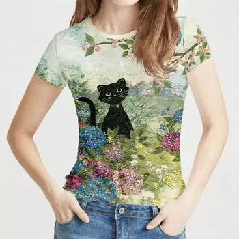 2024 Топ, женская футболка с принтом кошки, женская футболка большого размера, летняя женская одежда, женская рубашка с короткими рукавами с животными, Harajuku 4XL