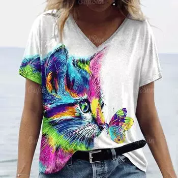 2024 Топ женская футболка с принтом милого кота для женщин футболки большого размера женская трендовая одежда летняя дешевая блузка с коротким рукавом S