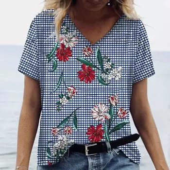 2024 Топ, женская футболка, топы с цветочным принтом, футболки больших размеров, женская одежда оверсайз, летние футболки с v-образным вырезом, оригинальный дизайн S