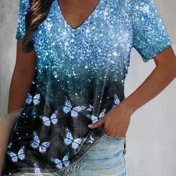 2024 Топ, женская летняя футболка с принтом бабочки, женская трендовая одежда большого размера, модная женская рубашка с v-образным вырезом, дешевая блузка M