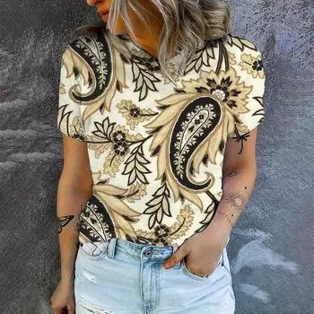 2024 Топ женская летняя женская футболка ретро с рисунком кешью футболка с принтом модная популярная женская футболка с коротким рукавом для отдыха S