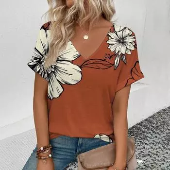 2024 Топ женская летняя женская футболка с v-образным вырезом футболка в стиле ретро с цветочным узором и принтом модная женская футболка для отдыха с коротким рукавом S