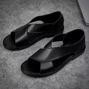 2024 Trend Men s Sandals Non-Slip Leather Men Summer Casual Comfortable Open Toe Breathable Sandals Soft Beach Footwear Male 38 чёрный