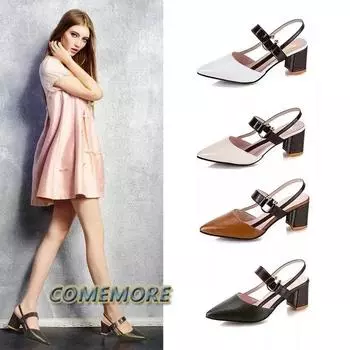 2024 Trend Sandals Women s Summer Pointy Chunky Sandals Large Size 42 Fashion Elegant High Heels Roman Style Casual Ladies Shoes 34 бежевый