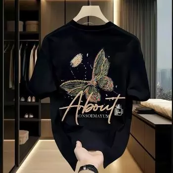 2024 Трендовая мужская футболка из чистого хлопка с принтом, короткими рукавами и круглым вырезом L; 180g combed cotton чёрный