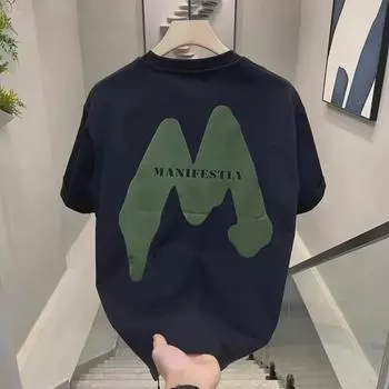 2024 Трендовая мужская футболка из высококачественного хлопка с коротким рукавом: Повседневный, свободный и универсальный дизайн 3XL чёрный