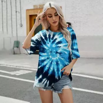 2024 трендовая новая футболка, модная красочная футболка с рисунком галстука, свободная женская футболка с круглым вырезом для отдыха, простая футболка S