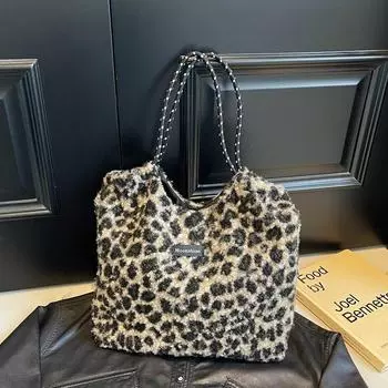 2024 Trendy Leopard Plush Bag с цепочкой – универсальная, стильная и вместительная повседневная сумка-тоут зелёный