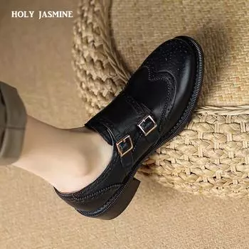 2024 Туфли-броги с пряжкой для женщин, винтажные оксфорды, женские туфли из коровьей кожи, туфли на плоской подошве в стиле ретро на высоком каблуке, качественные оксфорды в британском стиле 34 чёрный