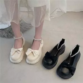 2024 Туфли для женщин, дышащие туфли Мэри Джейн с открытыми плечами, удобные легкие туфли на платформе с бантом из жемчуга, Zapatillas Mujer 35 бежевый
