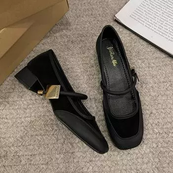 2024 Туфли-лодочки для женщин с плоским квадратным носком, осенние мокасины на низком каблуке, мягкие повседневные женские кроссовки, платье в стиле ретро, осень, Zapatos Mujer 35 чёрный